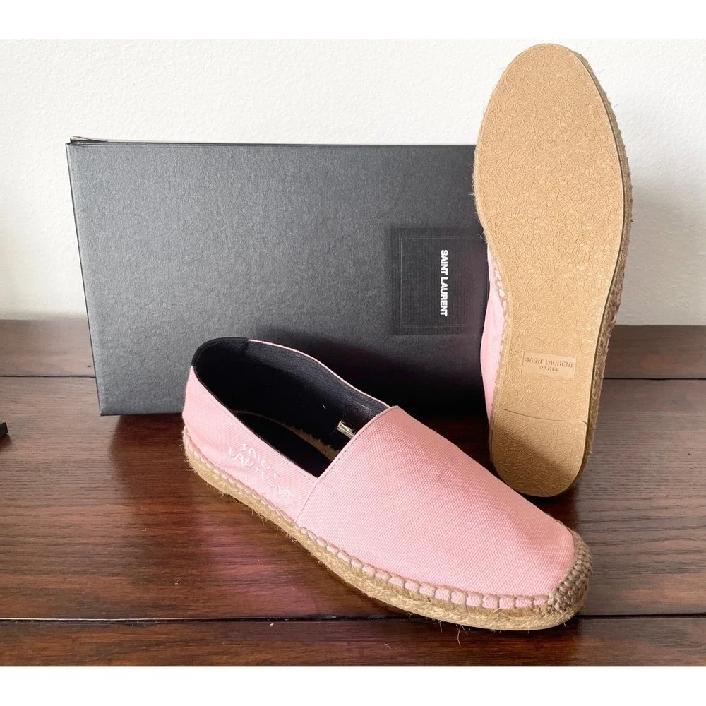 Saint Laurent Women's‎ Pink Canvas Embroidered Flats Loafers Shoes, sz 39